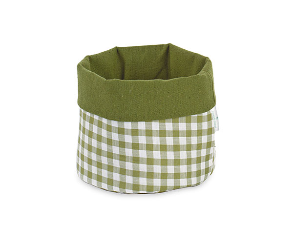 Il cestino Tono su Tono è a quadretti bianco e verde, con una fascia sopra di colore verde. All'interno il cestino è foderato a fondo verde