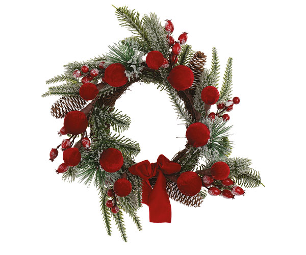 Corona di pino con pigne e sfere in velluto rosso D.40 cm