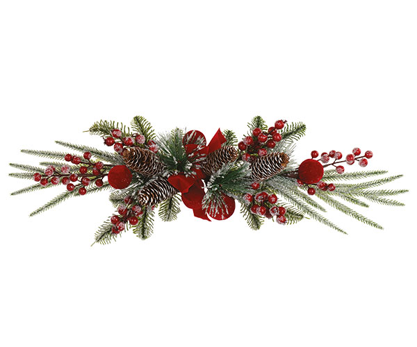 Decorazione Natalizia con pino, pigne e sfere in velluto rosso