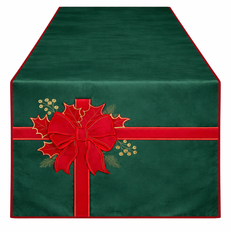 Runner in velluto verde con ricamo linea Ribbon